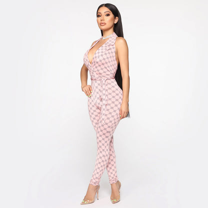 Printed sexy halter jumpsuit women