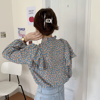 Französische Retro-Bluse mit Blumenmuster für Damen, Holzohr-Shirt für Damen