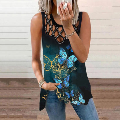 Damen T-Shirt mit ausgehöhltem, heißem, gebohrtem, ärmellosem Weste-Print