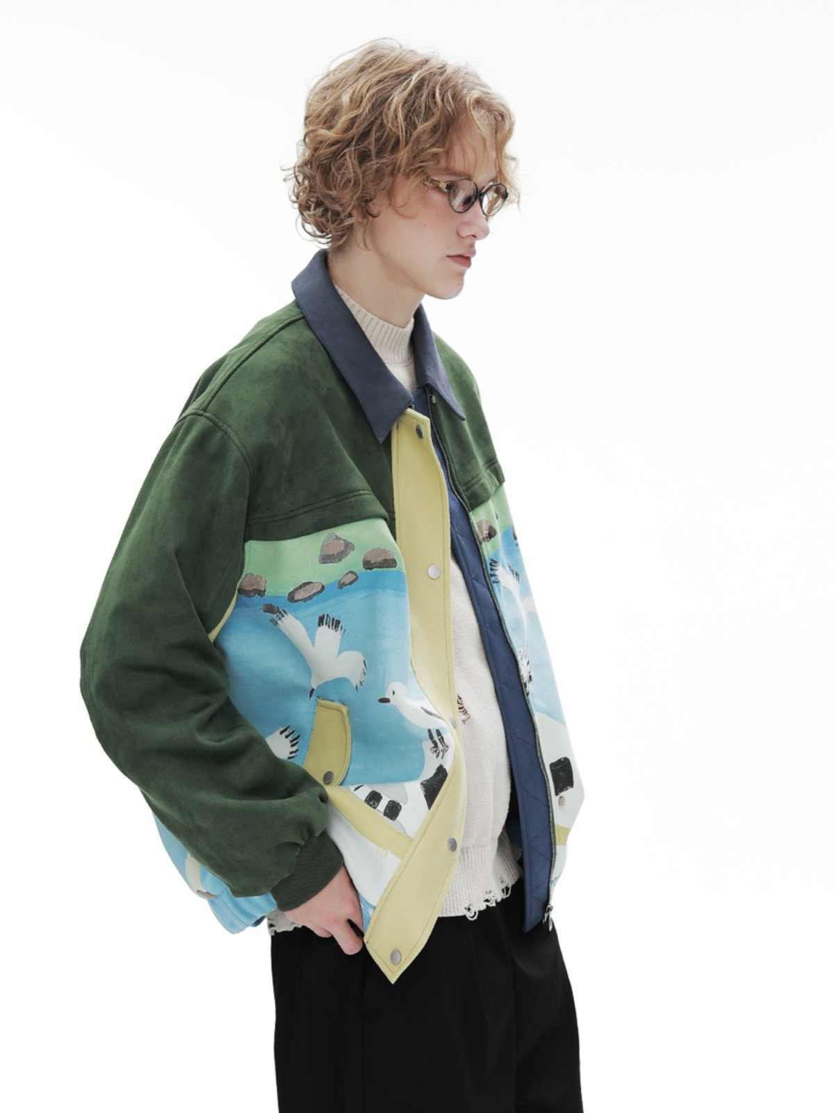Retro Patchwork Baseballjacke aus Wildleder für Herren