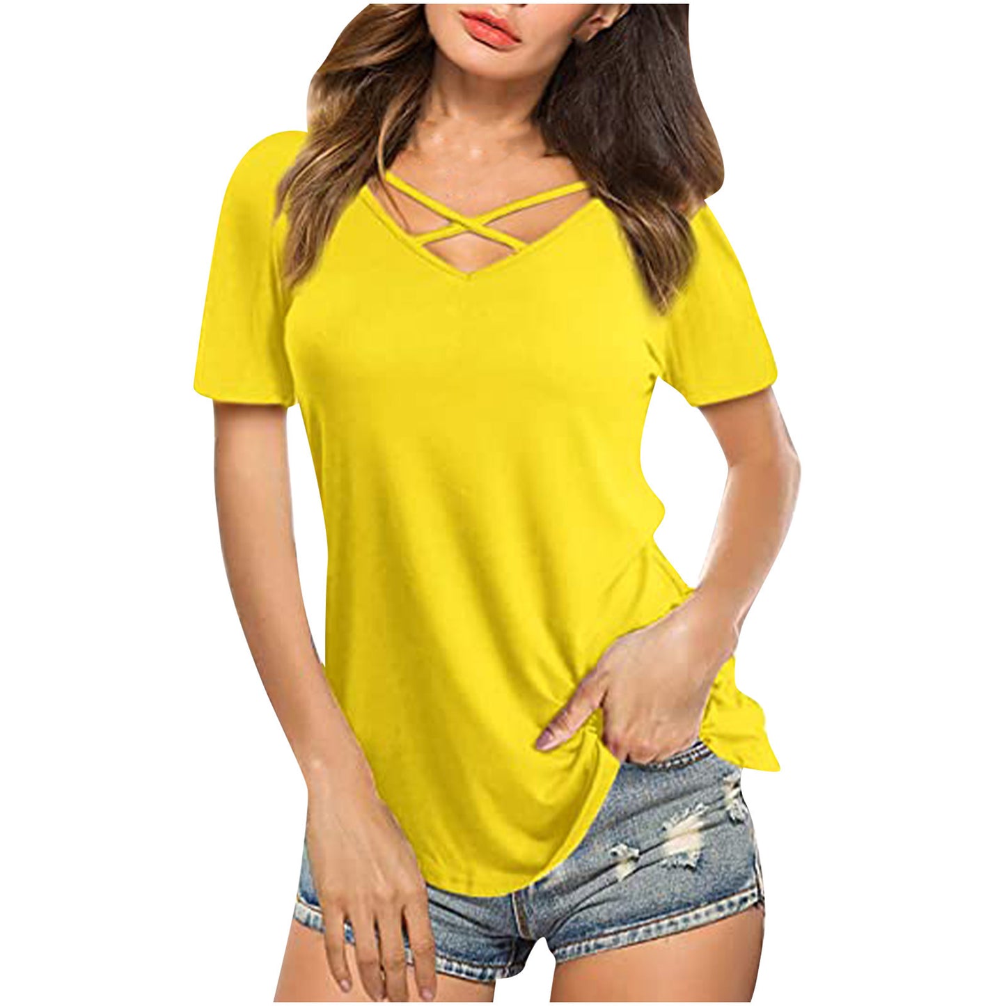 Vorne gekreuzter V-Ausschnitt, kurzärmliges, lockeres T-Shirt für Damen