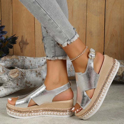 Sommer Glänzende Sandalen Hohl Design Fisch Mund Sandale Für Frauen Mode Schnalle Keile Schuhe