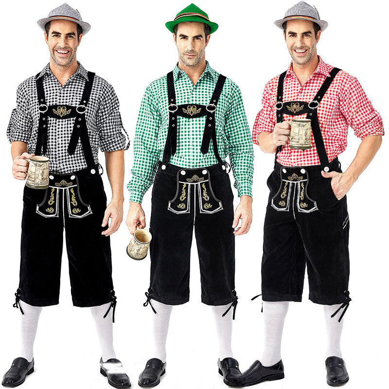 Men's beer festival clothes Plaid Shirt Suspenders