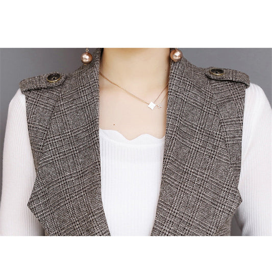 Plaid Lange Blazer Weste Frauen Ärmellose Jacke