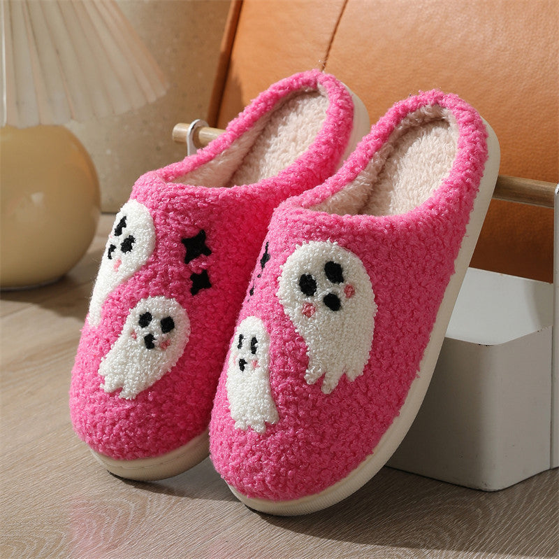 Halloween Cartoon Ghost Baumwoll-Hausschuhe für Damen, rutschfest, für den Innenbereich, Schlafzimmer, Boden, Hausschuhe, Winterschuhe