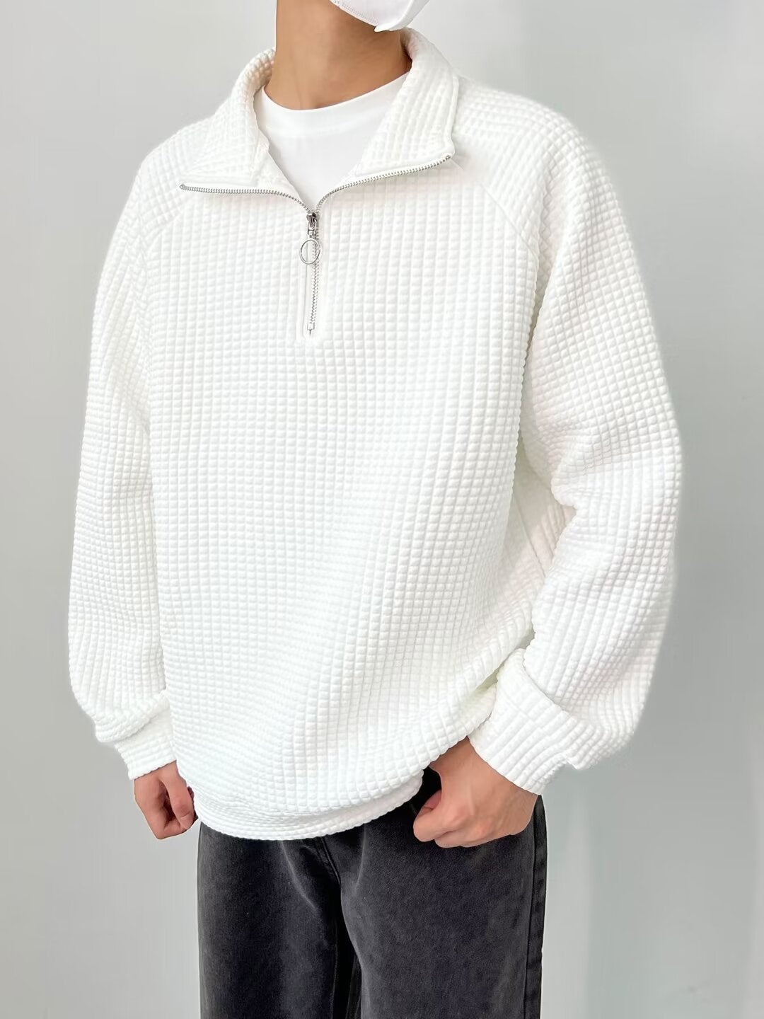 Herren Waffelstrick Pullover mit Halbzipper – Freizeit & Business Casual