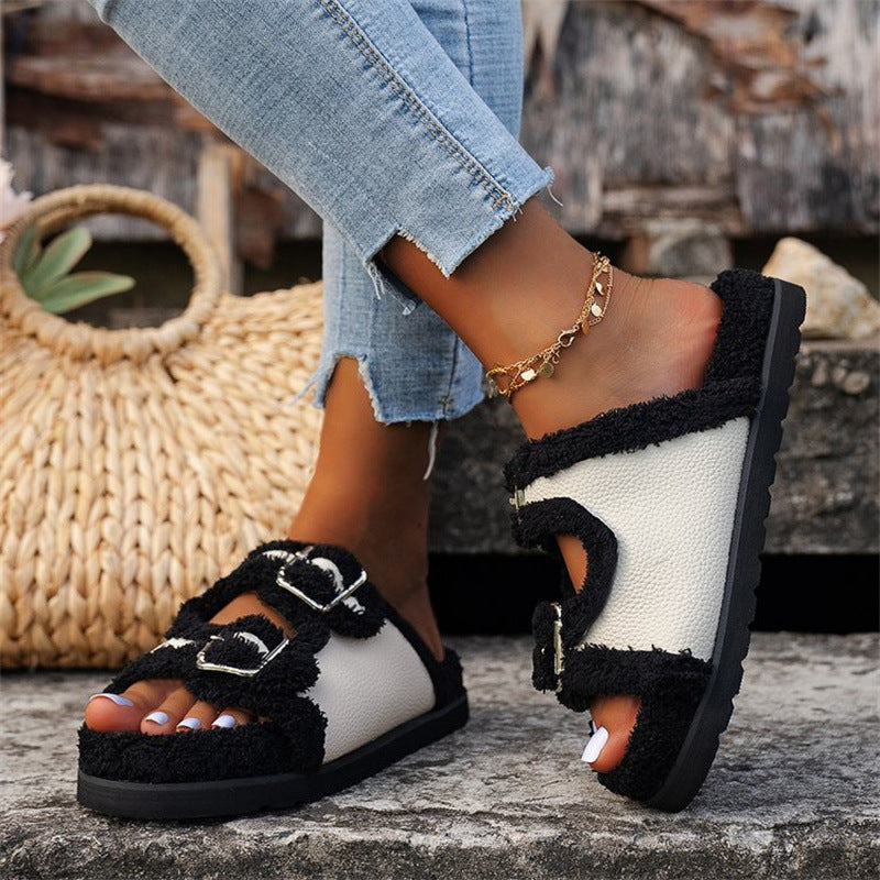Herbst Winter Slipper Dicke Sohle Schnalle Lammwolle Hausschuhe Für Frauen Outdoor Garten Indoor Faul Plüsch Schuhe