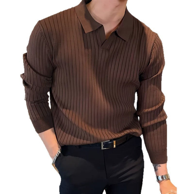 Herren Strickshirt mit Reverskragen – Langarm & Unifarben