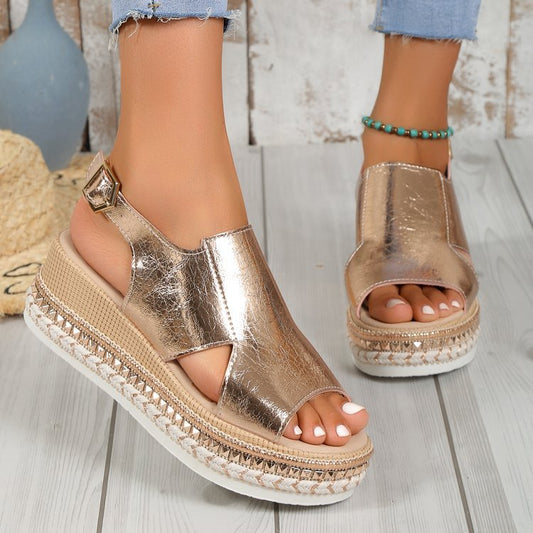 Sommer Glänzende Sandalen Hohl Design Fisch Mund Sandale Für Frauen Mode Schnalle Keile Schuhe
