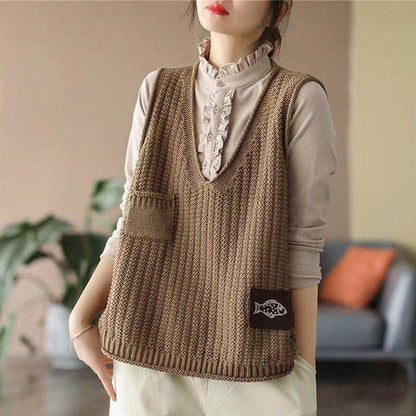 Weste Damen Strickweste Damen V-Ausschnitt Locker