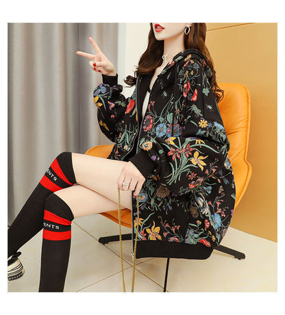 Frauen Plus Samt Dicke Kapuzen Hoodies Casual Lose Blumendruck
