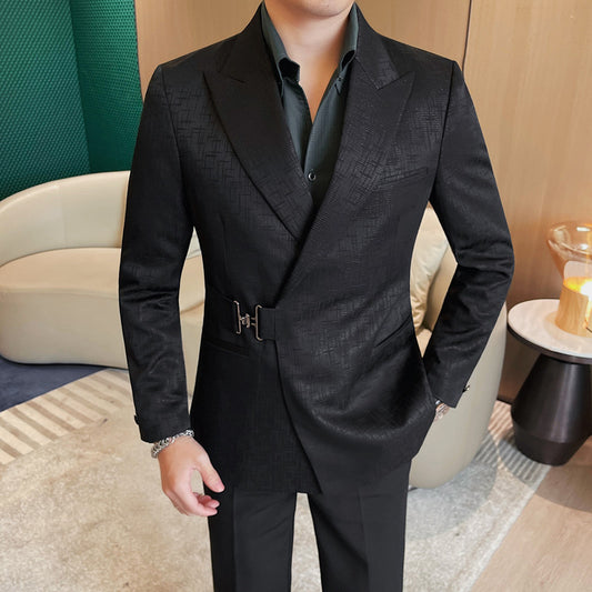 Herren Slim Fit Sakko mit Metallschnalle und Gewehrkragen – Schwarz kariert