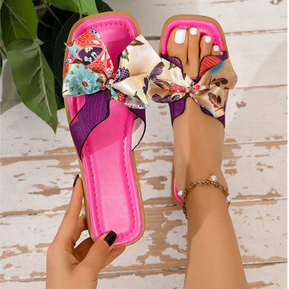 Ribbon Bow Sandalen Sommer Neue Square Toe Low Heel Sandale Für Frauen Slides Fashion Casual Beach Schuhe