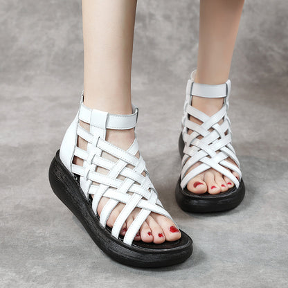 Neue Retro-Keilsandalen im ethnischen Stil für Damen, lässige Sandalen mit Tasche, Stiefel aus Rindsleder, Fischmaul-Sandalen