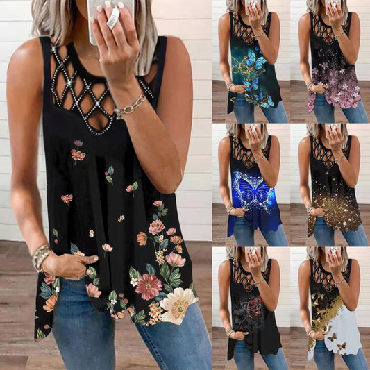 Damen T-Shirt mit ausgehöhltem, heißem, gebohrtem, ärmellosem Weste-Print