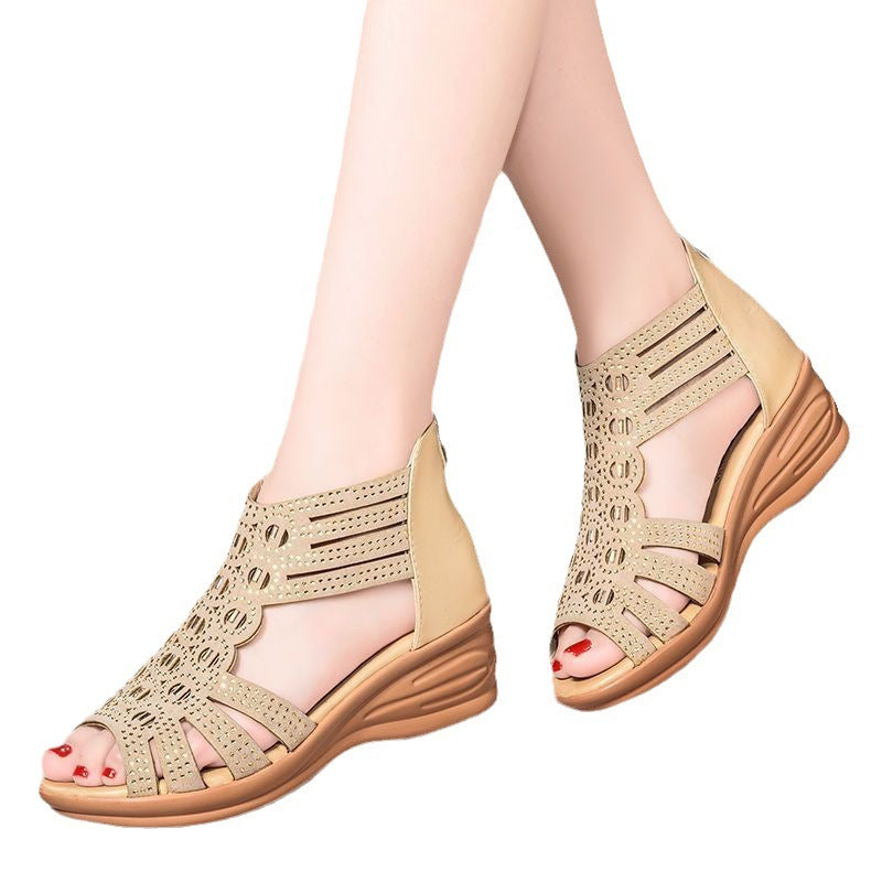 Peep Toe Plateau-Sandalen mit mittelhohem Absatz und hohem Schaft