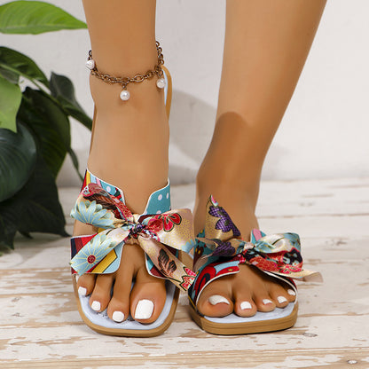 Ribbon Bow Sandalen Sommer Neue Square Toe Low Heel Sandale Für Frauen Slides Fashion Casual Beach Schuhe
