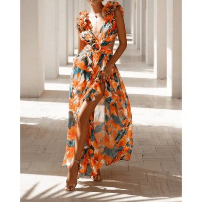 Herbst Europäische Und Amerikanische Mode Casual Home Floral Rückenfreies Kleid Frauen