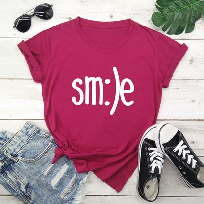 S-5XL Plus Size T-Shirt Damen Neues Smile Letter Printed Shirt O-Ausschnitt Kurzarm T-Shirts Sommer Top 100% Baumwolle Damen T-Shirts