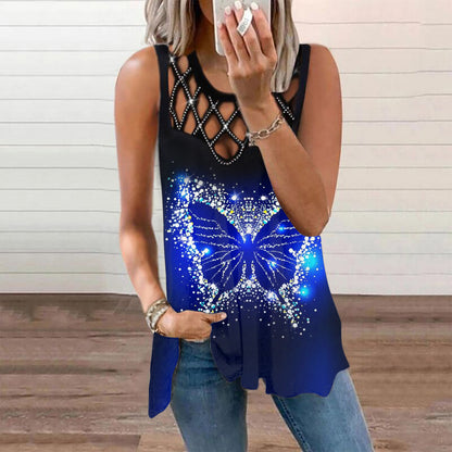 Damen T-Shirt mit ausgehöhltem, heißem, gebohrtem, ärmellosem Weste-Print