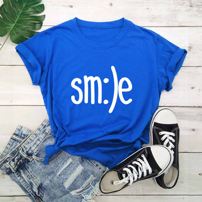 S-5XL Plus Size T-Shirt Damen Neues Smile Letter Printed Shirt O-Ausschnitt Kurzarm T-Shirts Sommer Top 100% Baumwolle Damen T-Shirts