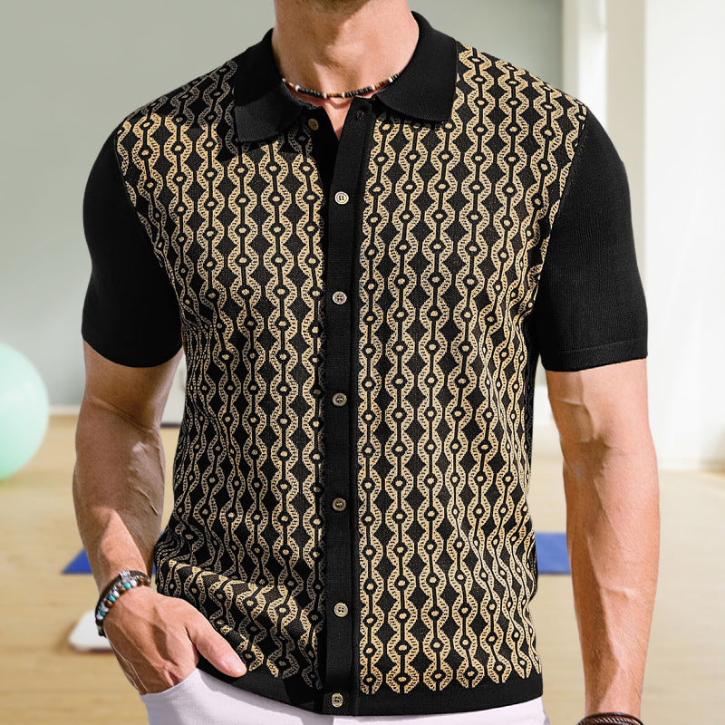Herren-Sommer-Cardigan aus Tencel mit Jacquardmuster und Polokragen – Kurzarm
