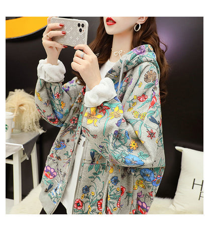 Frauen Plus Samt Dicke Kapuzen Hoodies Casual Lose Blumendruck