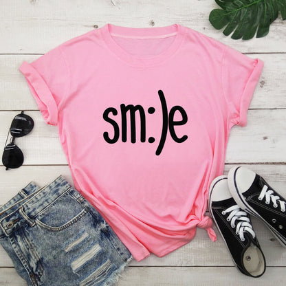 S-5XL Plus Size T-Shirt Damen Neues Smile Letter Printed Shirt O-Ausschnitt Kurzarm T-Shirts Sommer Top 100% Baumwolle Damen T-Shirts