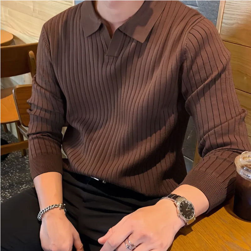 Herren Strickshirt mit Reverskragen – Langarm & Unifarben