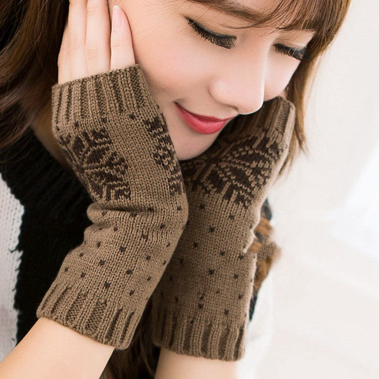 Gestrickte Halbfinger-Schreibhandschuhe für warme Damen mit Schneeflocken-Motiv, Weihnachtsmotiv