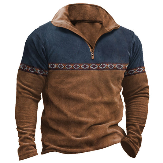 Retro Patchwork Polo Shirt mit Reißverschluss – Baumwollmischung