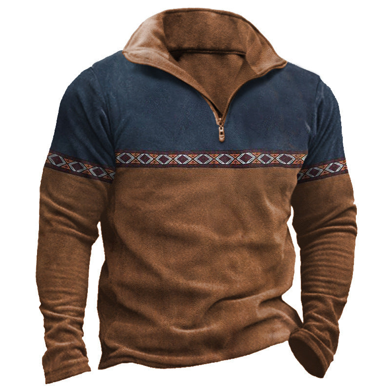 Retro Patchwork Polo Shirt mit Reißverschluss – Baumwollmischung