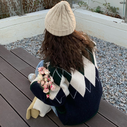 Vintage Rhombus Langarm Strickjacke Damen