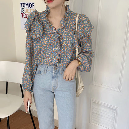 Französische Retro-Bluse mit Blumenmuster für Damen, Holzohr-Shirt für Damen