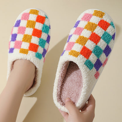 Mode Bunte Schachbrett Hausschuhe Paare Boden Schlafzimmer Slipper Winter Warme Indoor Hausschuhe Für Frauen Und Männer