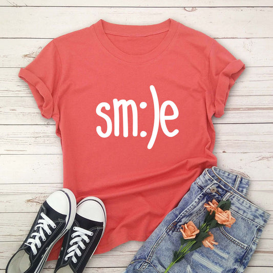 S-5XL Plus Size T-Shirt Damen Neues Smile Letter Printed Shirt O-Ausschnitt Kurzarm T-Shirts Sommer Top 100% Baumwolle Damen T-Shirts