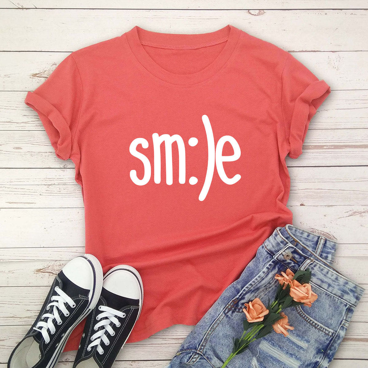 S-5XL Plus Size T-Shirt Damen Neues Smile Letter Printed Shirt O-Ausschnitt Kurzarm T-Shirts Sommer Top 100% Baumwolle Damen T-Shirts