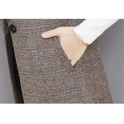 Plaid Lange Blazer Weste Frauen Ärmellose Jacke