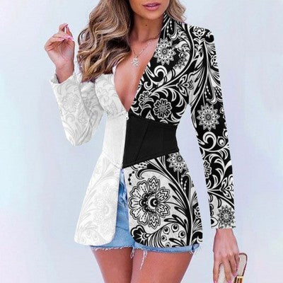 Damenblazer mit bedrucktem Revers in Kontrastfarbe