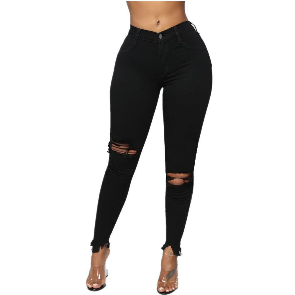 Zerrissene, einfarbige lange Jeanshose