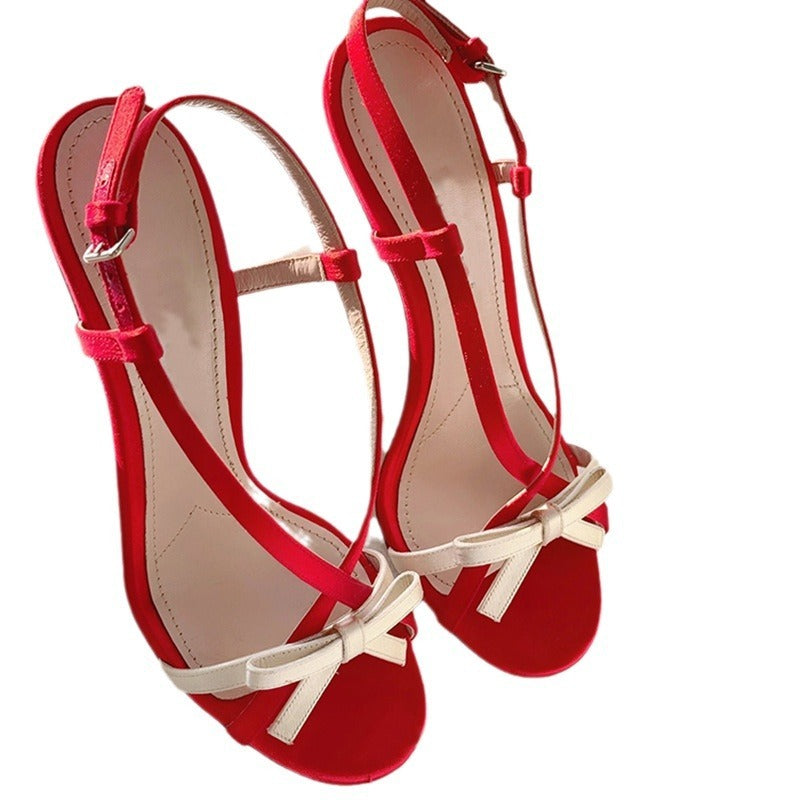 Damen-Sandalen mit offener Zehenpartie und Stiletto-Absatz und Schleife