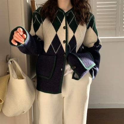 Vintage Rhombus Langarm Strickjacke Damen