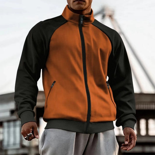 Herren Strickjacke mit Reißverschluss – Raglanärmel, Stehkragen & Farbkontrast