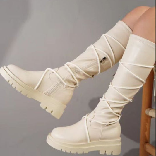 Plateaustiefel mit Schnürung, weiß, lange Cowboystiefel für Damen