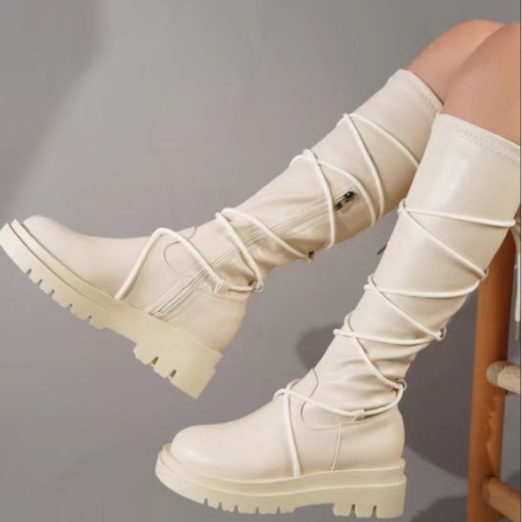 Plateaustiefel mit Schnürung, weiß, lange Cowboystiefel für Damen