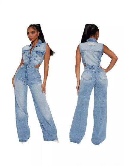 Schmaler Jumpsuit aus elastischem, gewaschenem Denim. Gerader, lockerer Jumpsuit
