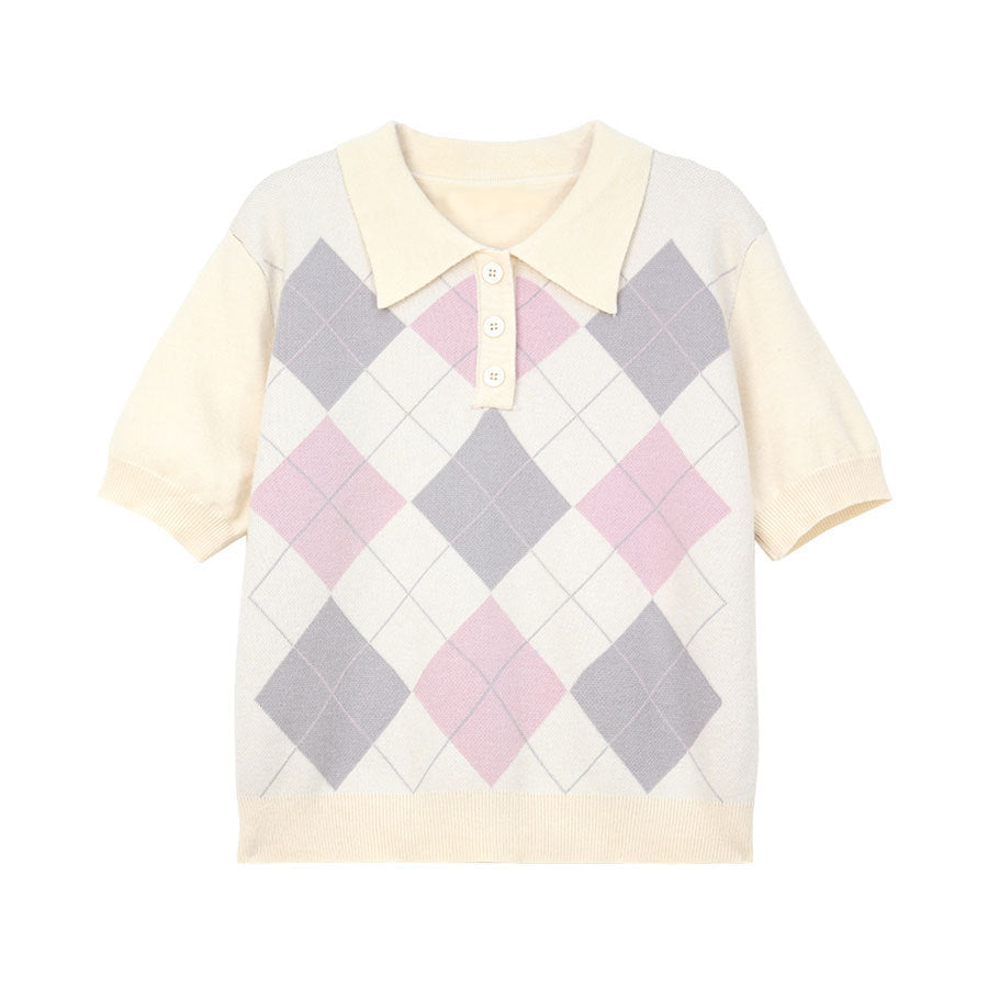 Damen-Kurzarmshirt mit Retro-Polokragen und Diamanten