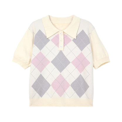 Damen-Kurzarmshirt mit Retro-Polokragen und Diamanten