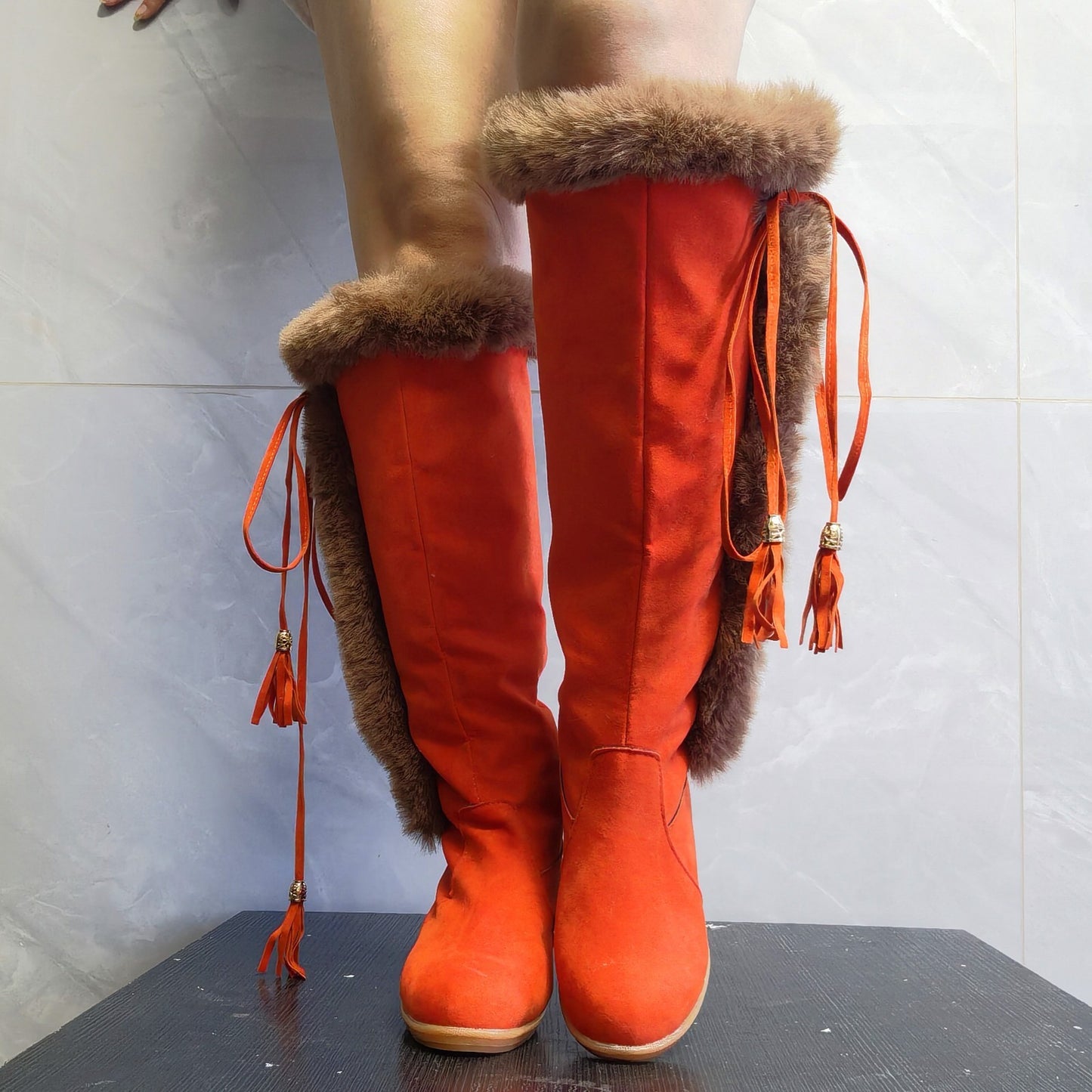 Winter Plüsch Lange Stiefel Für Frauen Kampfstiefel Keile Schuhe