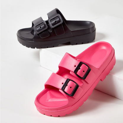 Mode Doppelschnalle Hausschuhe Sommer Plattform Garten Strand Schuhe Casual Non-slip Boden Badezimmer Home Slipper Für Frauen